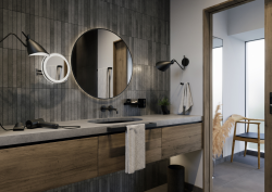 Grey-walled bathroom with floating wooden vanity