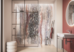 Ceramic tiles in bathroom, rust marble effect