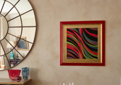 Richard Allan London scarf print framed on limestone-esque wall