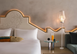 Backlit geometric shaped headboard at W Algarve designed by AB Concept