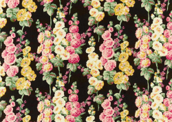 Hollyhocks fabric by Sanderson with black background and repeating pattern of a yellow, pink and cream hollyhock