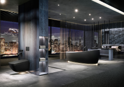 NEOREST Matte Black collection on show in dark lit room with lit skyline in background
