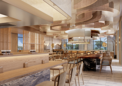 Render of restaurant space at The St Regis Papagayo Resort in Costa Rica, with pale wood