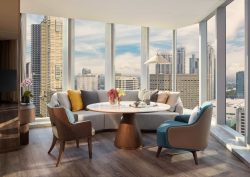 Manila city skyline from the Junior Suite Living and Dining area at Mandari