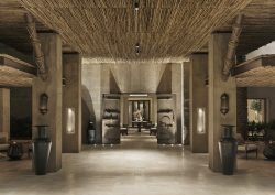 wood and stone colours in dramatic pillared hotel entrance at Bab Al shams