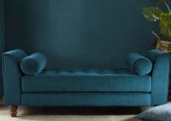 Blue wall and blue couch upholstered in Edmund Bell recycled velvet