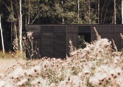 exterior of Nokken cabin by Aylott Van Tromp, in a field