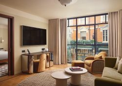 Bespoke switches and socket outlets in Focus SB Ambassador Square faceplate style are specified to complement eclectic interior details of guest rooms and suites of London’s newest hotel, The Newman Fitzrovia.
