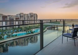 sunset view from terrace of executive suite at Palace Dubai Creek Harbour Hotel