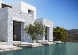 square white guestrooms at Odera on Tinos leading onto infinity pool