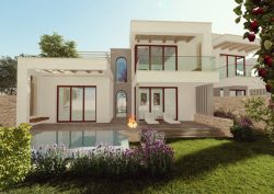 Render of outside of villa at new FOur Seasons hotel in Southern Italy