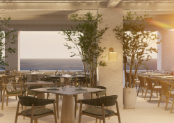 render of outdoor dining terrace in stone and wood with plants and view over the sea on Patmos island Greece