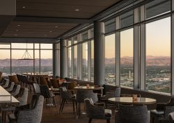 mountain view from top floor restaurant in Hyatt Regency Denver