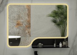 RAK Ornate bathroom mirror with marble wall and plant reflections