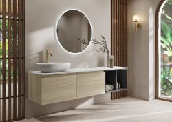 bathroom in stone and white with RAK fittings and furniture