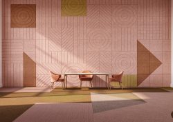 pink and mustard coloured wall panel installation from Tarkett and BAUX