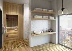 wood and white interior with sauna and large square window looking out over the city in a design by Design Command
