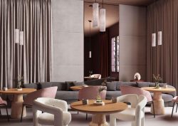 beige floor to ceiling contract curtains Sekers fabric in hotel foyer with organic shaped tables and chairs