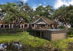 render showing private suite and swimming pool with thatched cabin overlooking the water of okovango delta at sitatunga Private Island