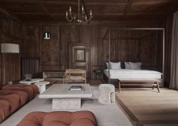 guestroom in Schloss Schauenstein with wood panelling and contemporary four poster bed