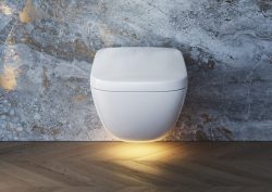 TOTO NEOREST WX1 toilet with uplighting, fixed onto marble wall