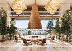 Hilton Istanbul Bosphorus terrace with central firepit and view over bosphorus