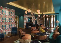 gold and blue ceiling in lobby of The Other House Covent Garden