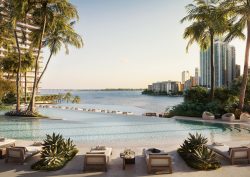 view across the beach and swimming pool from The Residences at Mandarin Oriental Miami