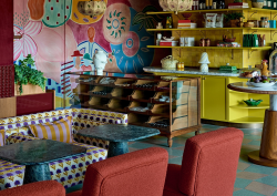 mural on the wall, yellow tiles, pattern and colour in Wilde amsterdam
