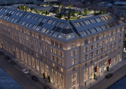 night view of facade of Mandarin Oriental Vienna with lighting on rooftop terrace