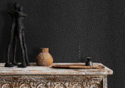 Still life on wooden shelf with Shagreen wallcovering from Newmor