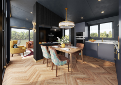 wooden herringbone floor and grey walls in Beverely Leisure Homes Kempton lodge