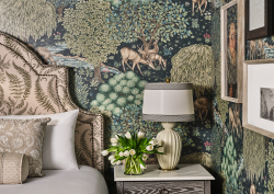 bedroom detail at The Inn on Biltmore with morris wallpaper and upholstered bedhead - design by ROAM