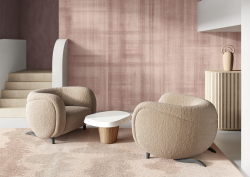 soft round pink chairs in room with walls in Arte Washed Linen Doudeville wallcovering