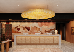 entrance and reception in Aethos London with large statement pendant light above textured carpet and mural on back wall