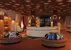 circular seating and patterned ceiling in the lobby of Mama Shelter zurich