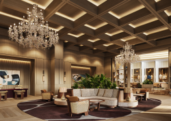 coffered ceiling and chandelier in The Hari Singapore