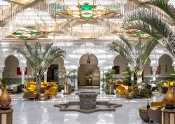 entrance and lobby seating with central fountain in Four Seasons Hotel Rabat at Kasr Al Bahr