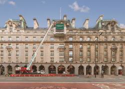 the ritz facade being cleaned by Thomann-Hanry with MEWPs (Mobile Elevating Work Platforms) in place