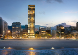 view from beach to Rio skyline with new four seasons hotel tower in centre