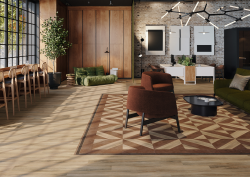 amtico gatsby square on the floor with leather chairs and patterned carpet