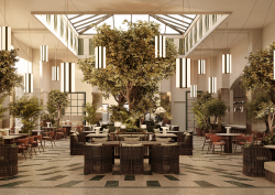 central double volume atrium and dining space with tree in the middle - CORI Hornbæk Hotel