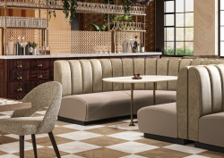 cream banquettes in restaurant covered in Dolce Vita Leathers collection from Sekers
