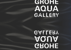 GROHE Aqua Gallery white text over dark navy blue water-wave background
