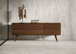 wooden cabinet set against Pontino slabs from RAK