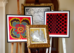 Collection of Richard Allan London scarf prints on easels