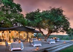 andBeyond Kirkmans Kamp, outside restaurant surrounded by trees with a pink sunset sky