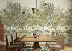 Arte suede wallcovering behind wooden table and mid century light