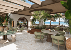 beach bar in Conrad Corfu with olive tree and sea view