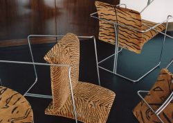a collection of wire framed chairs in different patterns of Dedar tiger fabric